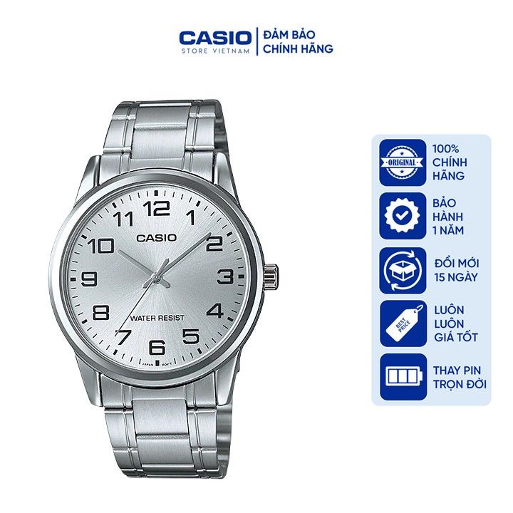 Đồng hồ Nam Casio MTP-V001D-7B, đồng hồ chính hãng, dây bạc, mặt trắng số
