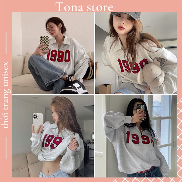 Áo sweater polo dài tay unisex dưới 80kg chất thun tonastore - Áo polo dài tay phối khóa cổ 1990