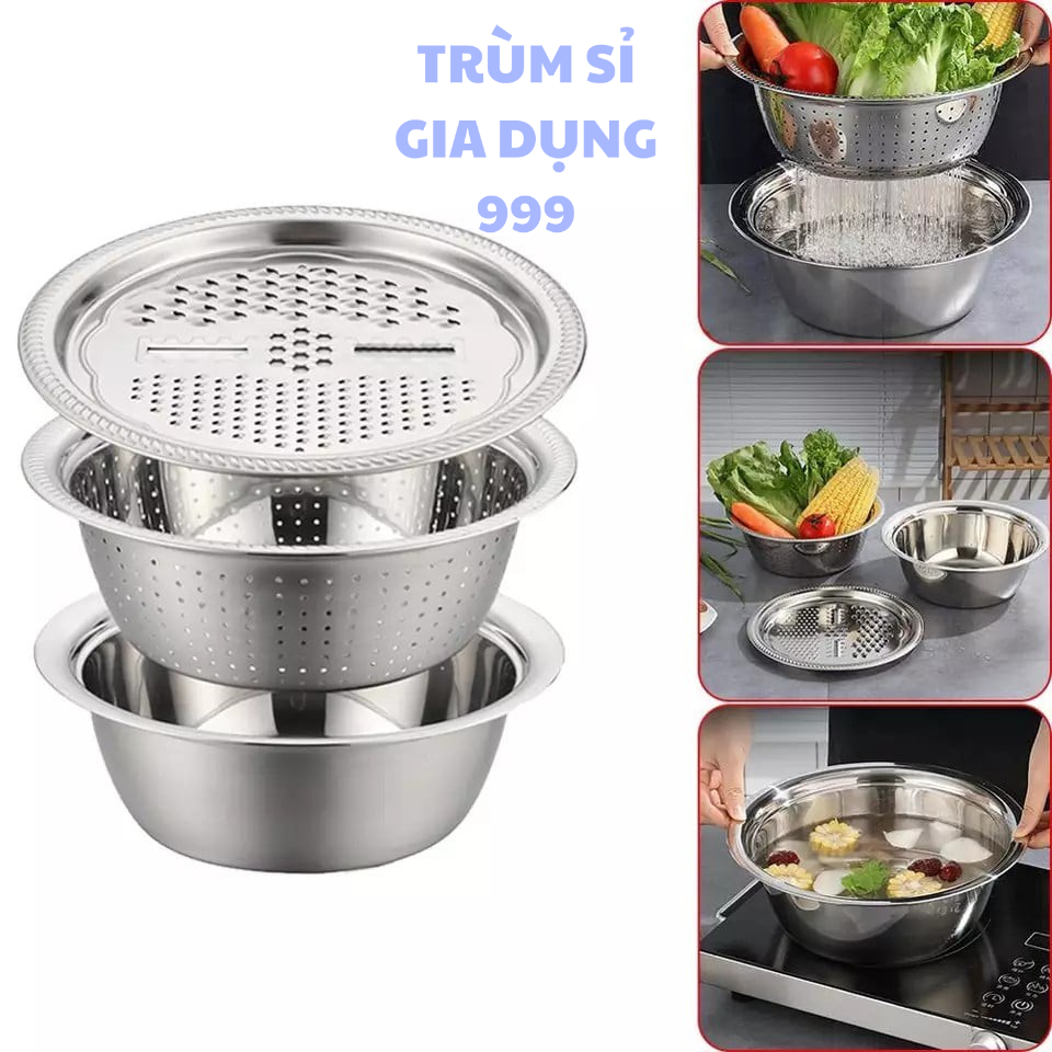 Set rổ bào đa năng inox sáng bóng tiện lợi Bộ thau nạo bào cắt rau củ ba món tích hợp chậu inox 304 cao cấp không gỉ đa