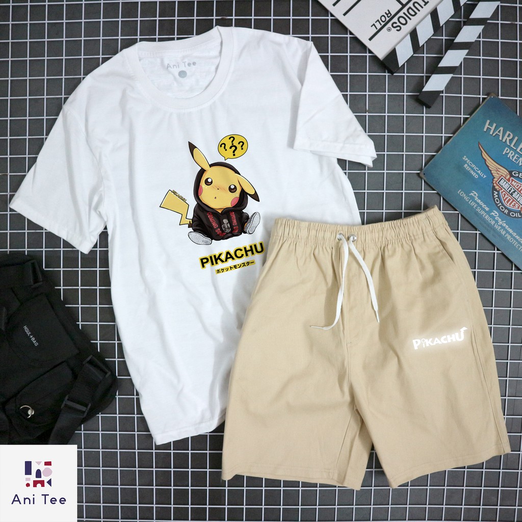 [UNISEX] COMBO ÁO THUN COTTON + SHORT KAKI PIKACHU HOẠT HỌA