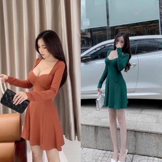 Đầm body xòe cúp ngực tay dài - thun gân tăm + Clip ảnh thật