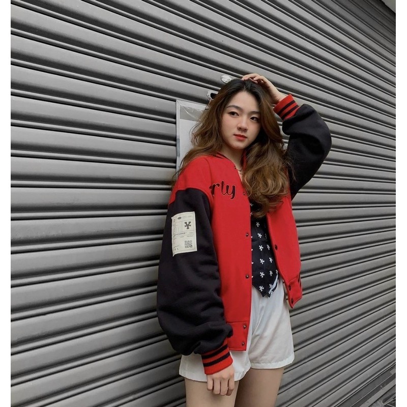 Áo Khoác DirtyCoins Embroidered Varsity Jacket Red Black - Áo Khoác Nỉ Bomber Unisex