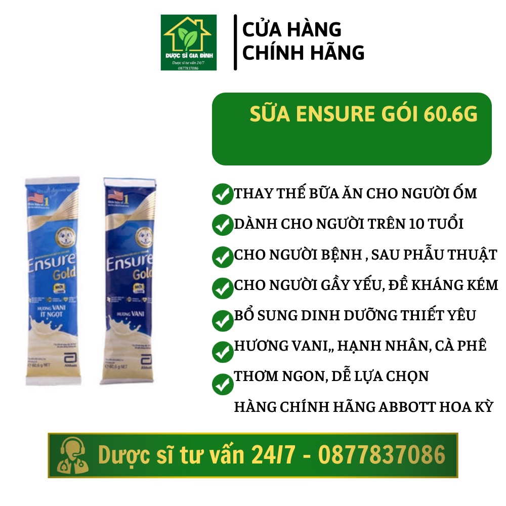 SỮA ENSURE GÓI 60,6G HƯƠNG VANI, HẠNH NHÂN, CÀ PHÊ