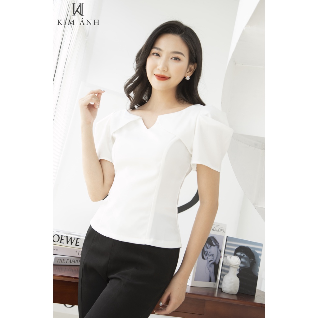 Áo Kiểu Sơ Mi Nữ Kim Ánh Tay Ngắn  Lụa Hàn Họa Tiết Trơn Phong Cách Công Sở  Nhiều Kích Thước AKSX20003