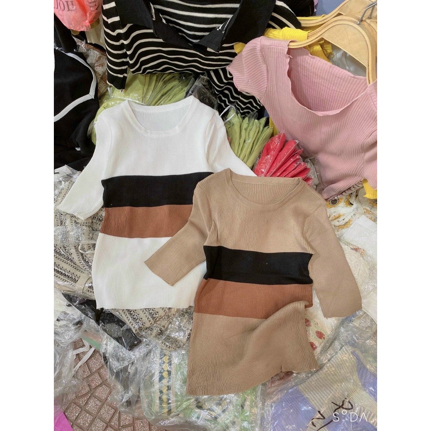 Áo Len Gân Tăm Sọc Ngực Tay Ngắn | Smide Clothing