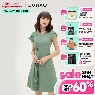 Đầm xòe nữ xếp eo phối hoa GUMAC màu xanh trơn, đủ size DB318