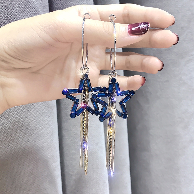 S925 long Korean style five-pointed star earrings