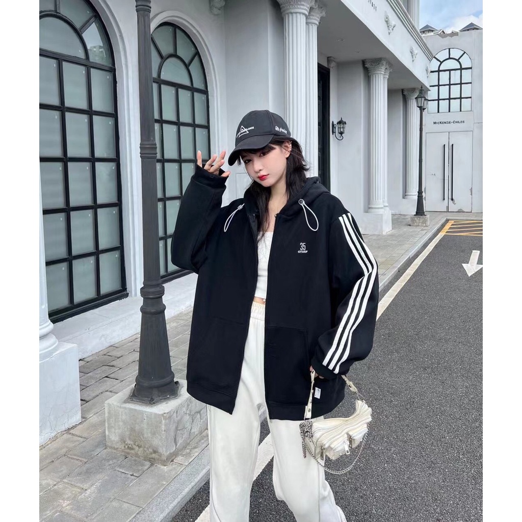 Áo khoác nỉ ngoại 3 sọc thêu 35 unisex [FREESHIP] Khoát hoodie zip form rộng tay bồng kiểu dáng thể thao peonyb ulzzang