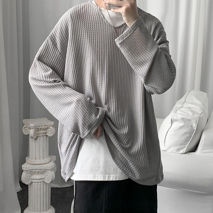 Áo thun dệt kim tay dài dáng rộng thời trang xuân thu phong cách Hong Kong dành cho nam nữ