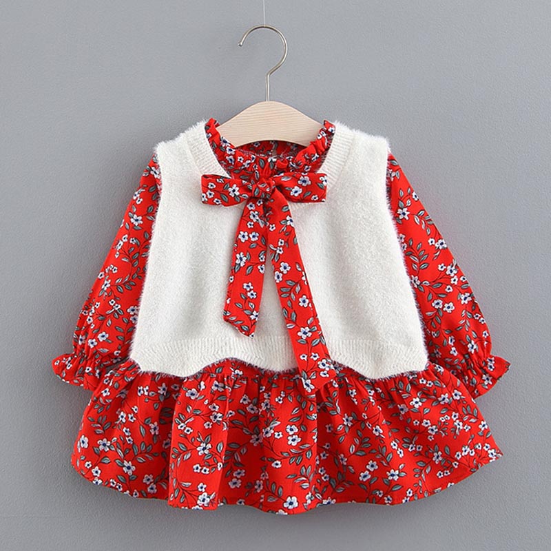 BEAR LEADER Bộ Áo Khoác Lông Chồn + Đầm Dài Tay Thời Trang Thu Đông Cho Bé Gái