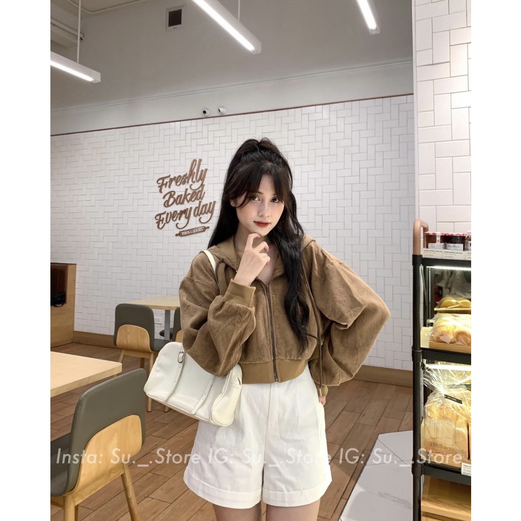 Áo khoác nhung tăm nữ dáng ngắn A8438 Áo Bomber lửng có mũ dày dặn phong cách Unisex siêu xinh mặc đi chơi - CHAKOVET