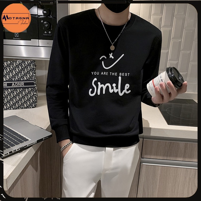 Áo thu đông nam tay dài đẹp chất cotton nỉ cổ tròn có bo tay bụng in Smile mã NZ696