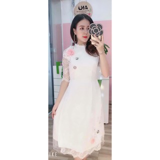 SET ÁO DÀI CÁCH TÂN REN KẾT HOA CHÂN VÁY