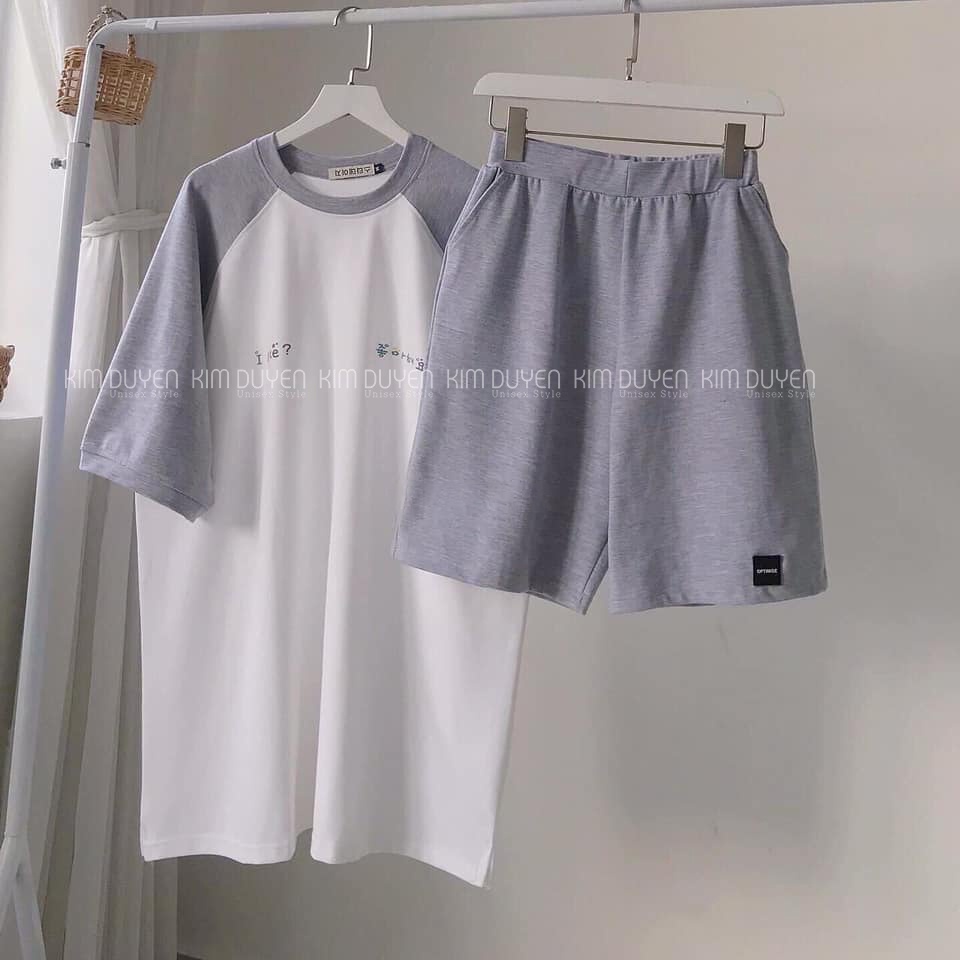 Set Bộ Áo Thun Kèm Quần Áo Thun Tay Phối Lỡ Form Rộng Unisex 38-65kg Nam Nữ