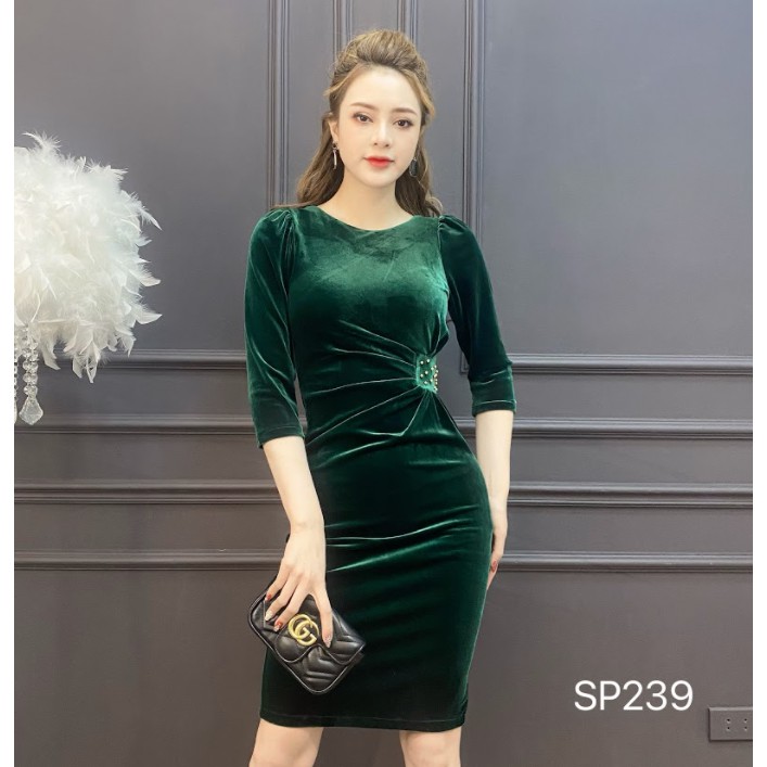 Váy nhung ôm cổ tròn eo đính ngọc, váy nhung nữ body thời thượng - SP239 | BigBuy360 - bigbuy360.vn
