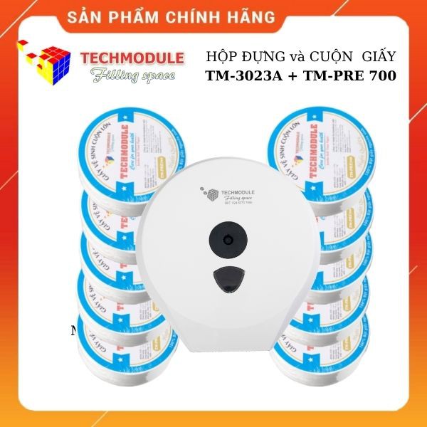 Combo 1 hộp đựng giấy cuộn lớn TM-3023A màu trắng và 10 cuộn giấy vệ sinh Techmodule TM-PRE 700g-Loại 3 lớp