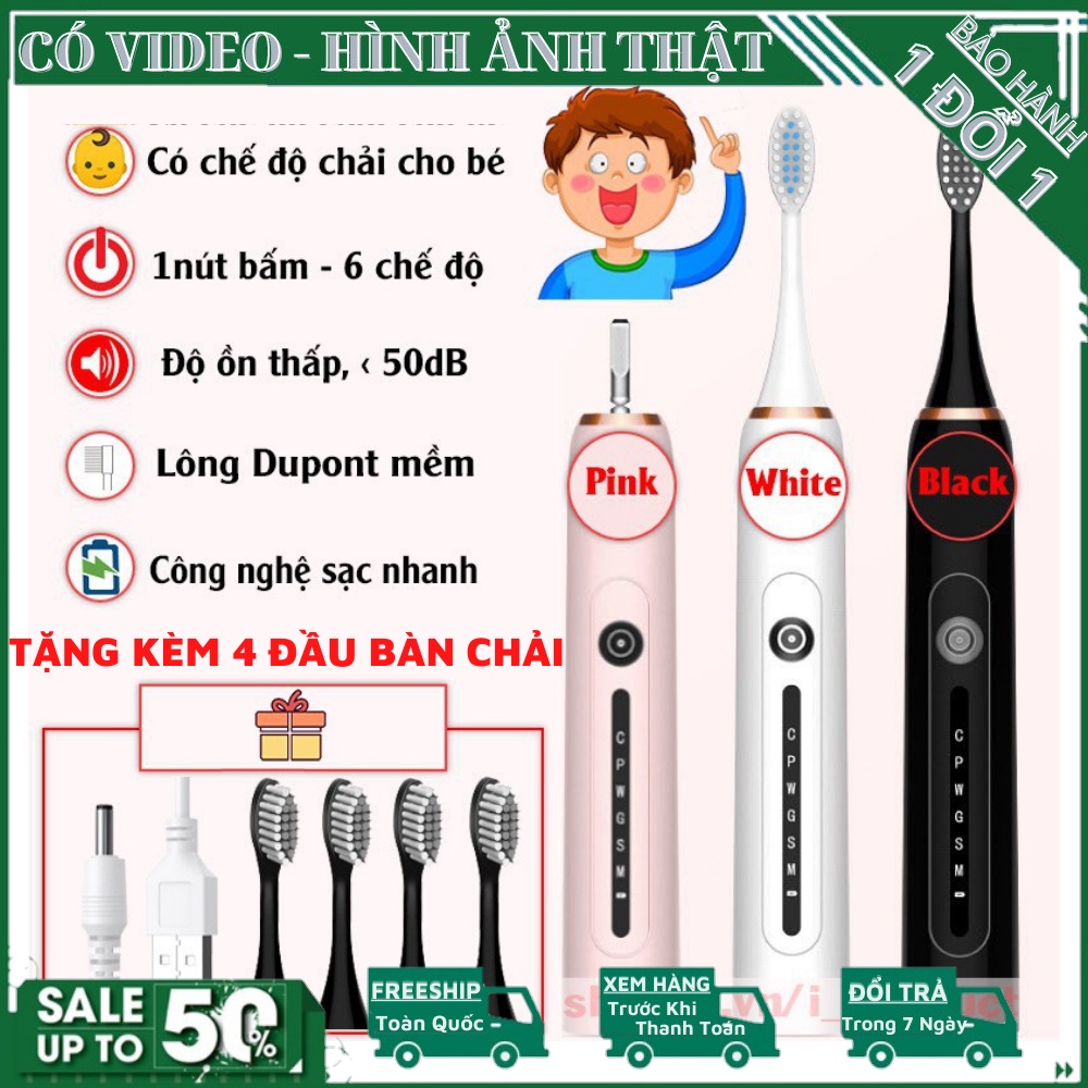 Bàn Chải Điện Sonic X7 Tặng 4 Đầu Bàn Chải- Bản Nâng Cấp 6 Chế Độ, Pin Dùng 2 Tháng, Chế Độ Rung Siêu Âm Cực Êm