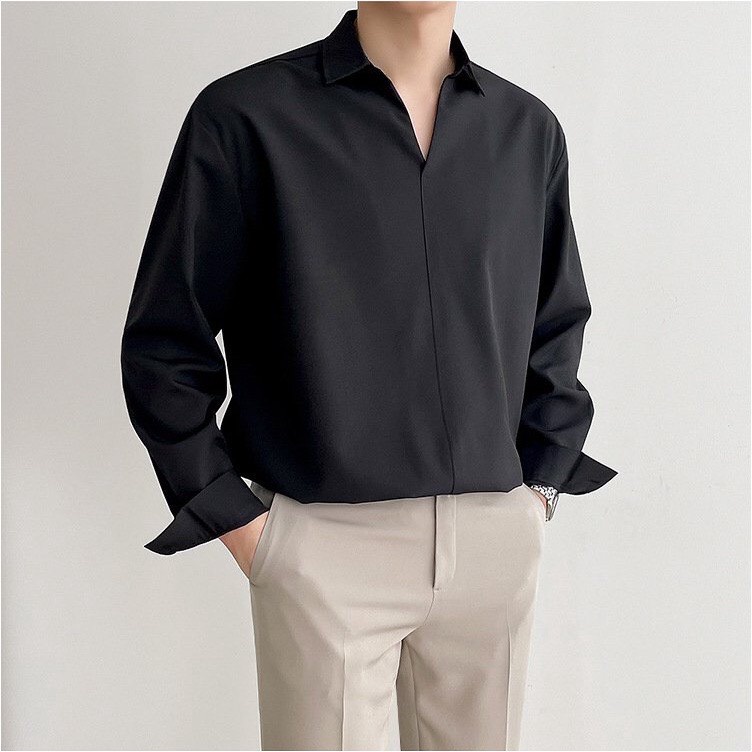 Sơ mi nam nữ cổ V vải lụa, Áo sơ mi form rộng Unisex nam nữ tay dài Hàn Quốc