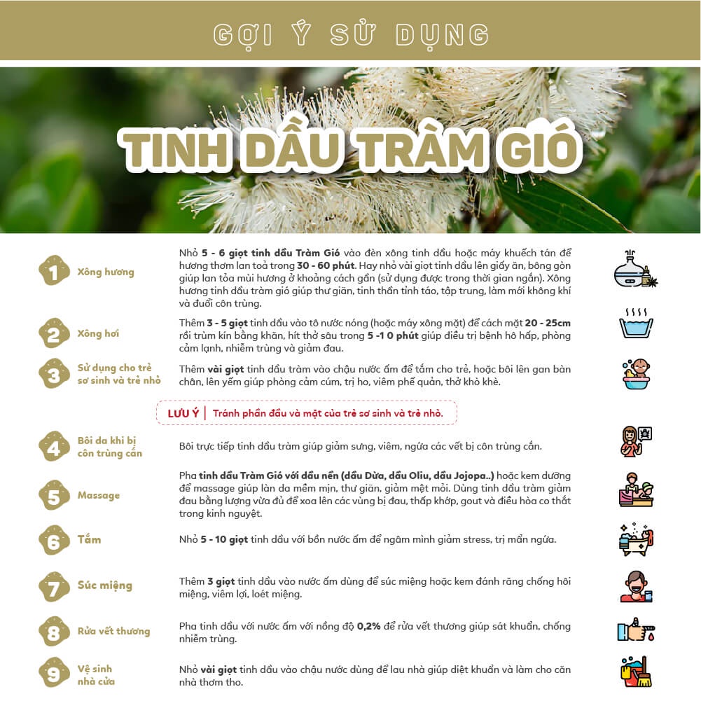 Tinh dầu Tràm Gió Haeva Cao Cấp, 100% Thiên Nhiên, giúp giải cảm, tốt cho hệ hô hấp và mẹ bầu,Chai 10ml/30ml/100ml