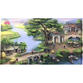 Tranh gắn đá toàn bộ  tự làm- Tranh phong cảnh làng quê