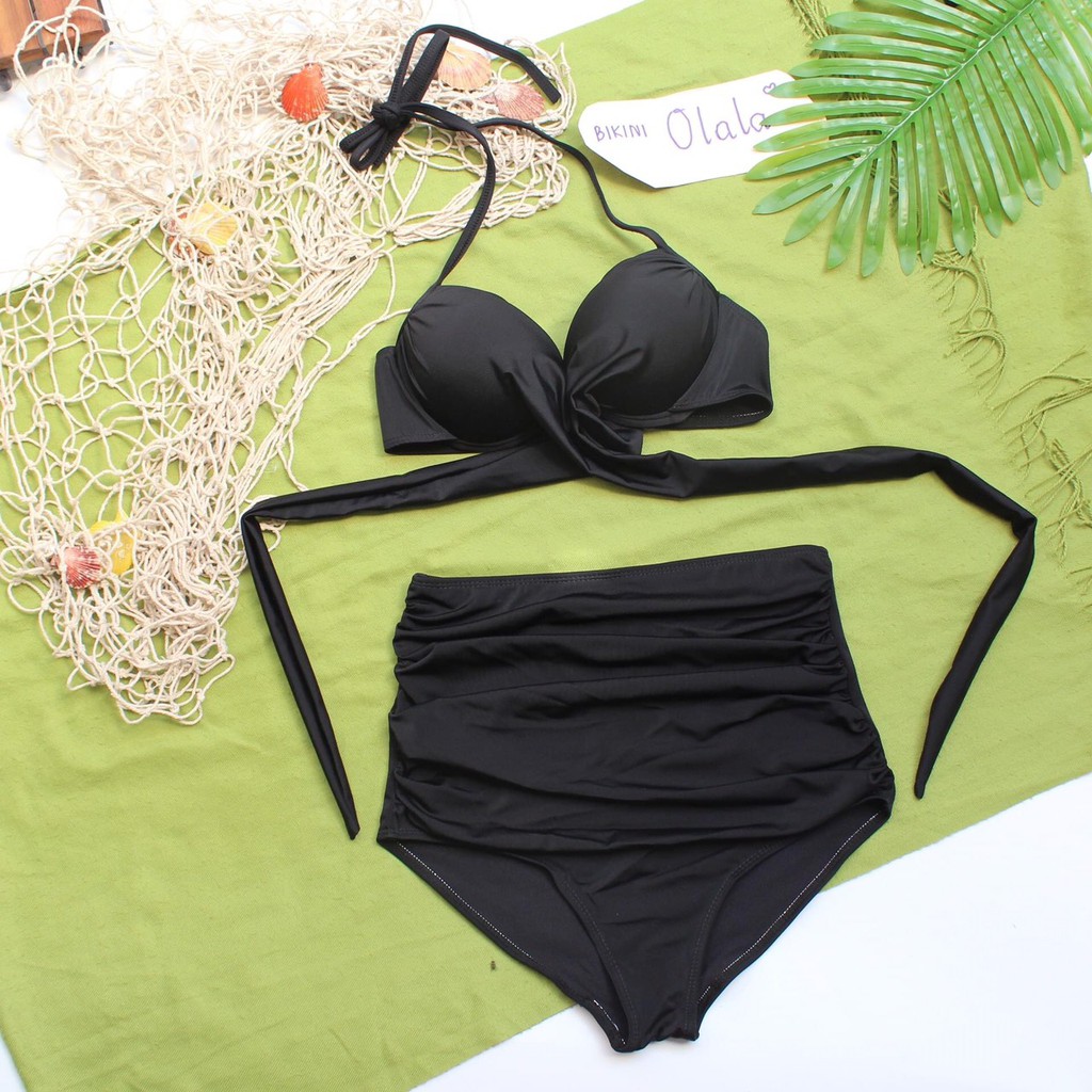 [ĐỒ BƠI CÓ SẴN] Bikini áo gọng chéo eo nâng ngực mix quần nhún đen lưng cao | BigBuy360 - bigbuy360.vn