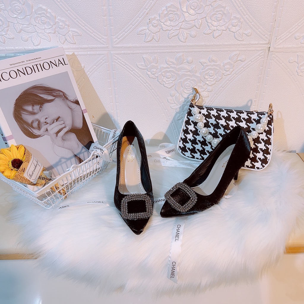 [XẢ HÀNG SHOP] GIÀY CAO GÓT LỤA BÓNG GÓT NHỌN 8P TAG ĐÁ VUÔNG ĐEN HUYỀN BÍ