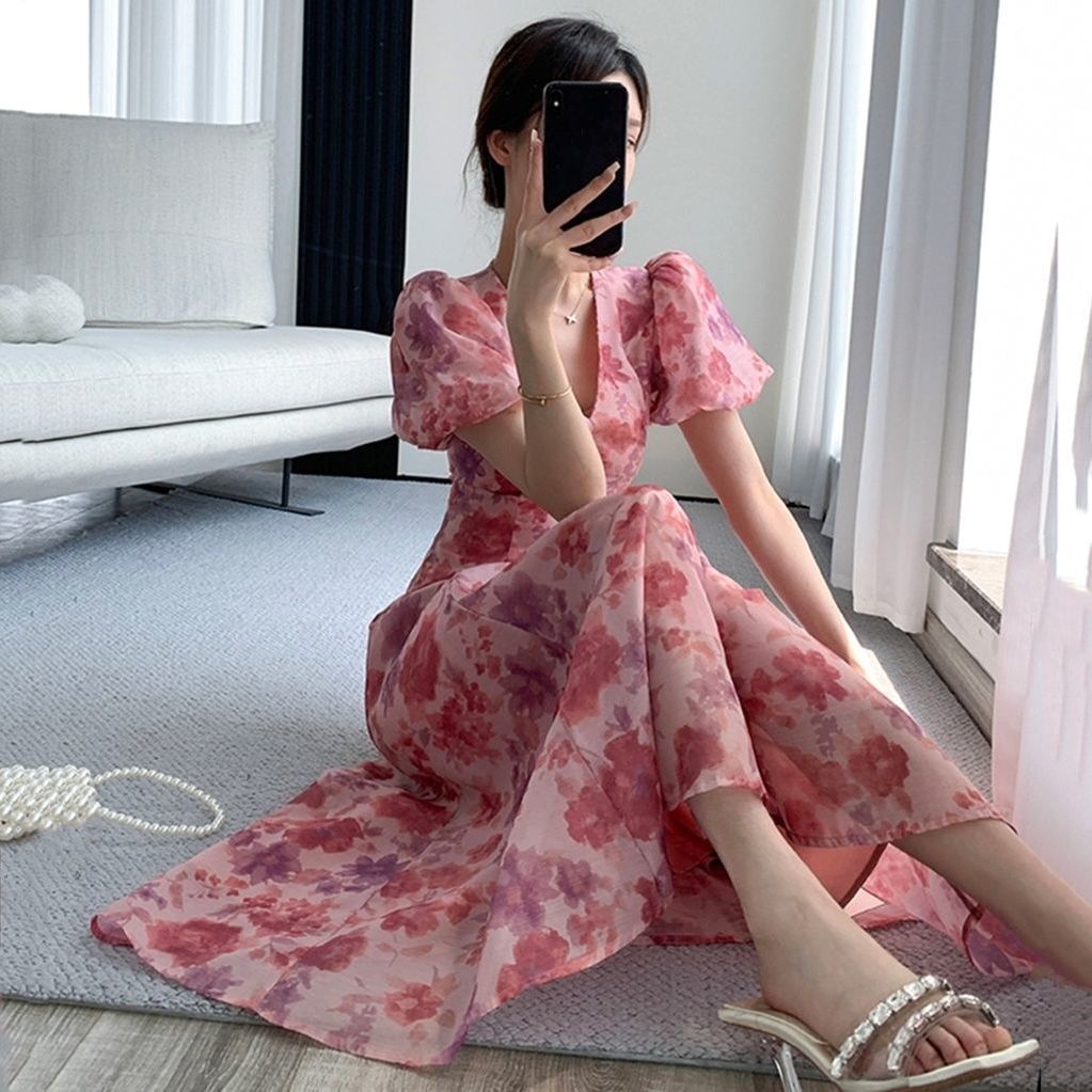 Đầm Hoa Tay Phồng Cổ Chữ V Thiết Kế Mới Thời Trang Mùa Hè Theo Phong Cách Pháp Cho Nữ