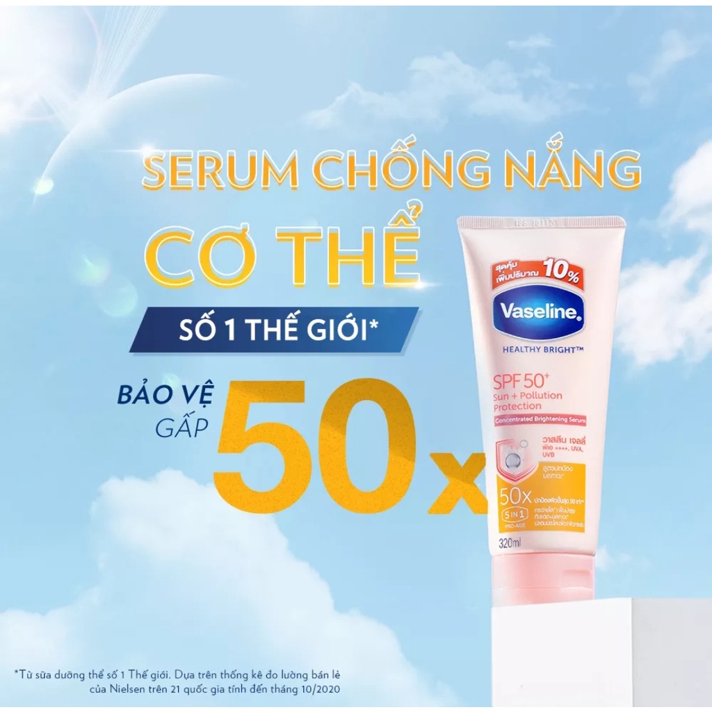 Serum chống nắng cơ thể Vaseline 50x bảo vệ da với SPF 50+ PA++++ giúp da sáng rạng rõ với Niacinamide 320ml