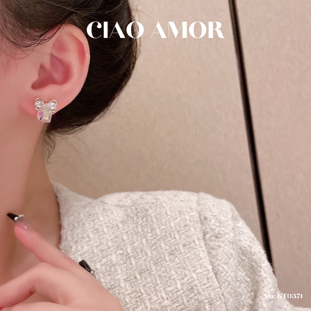 KT0372-Khuyên tai nữ, Bông tai nữ bạc 925 nụ nơ mạ màu mix lấp lánh dễ thương Trang sức Ciao Amor