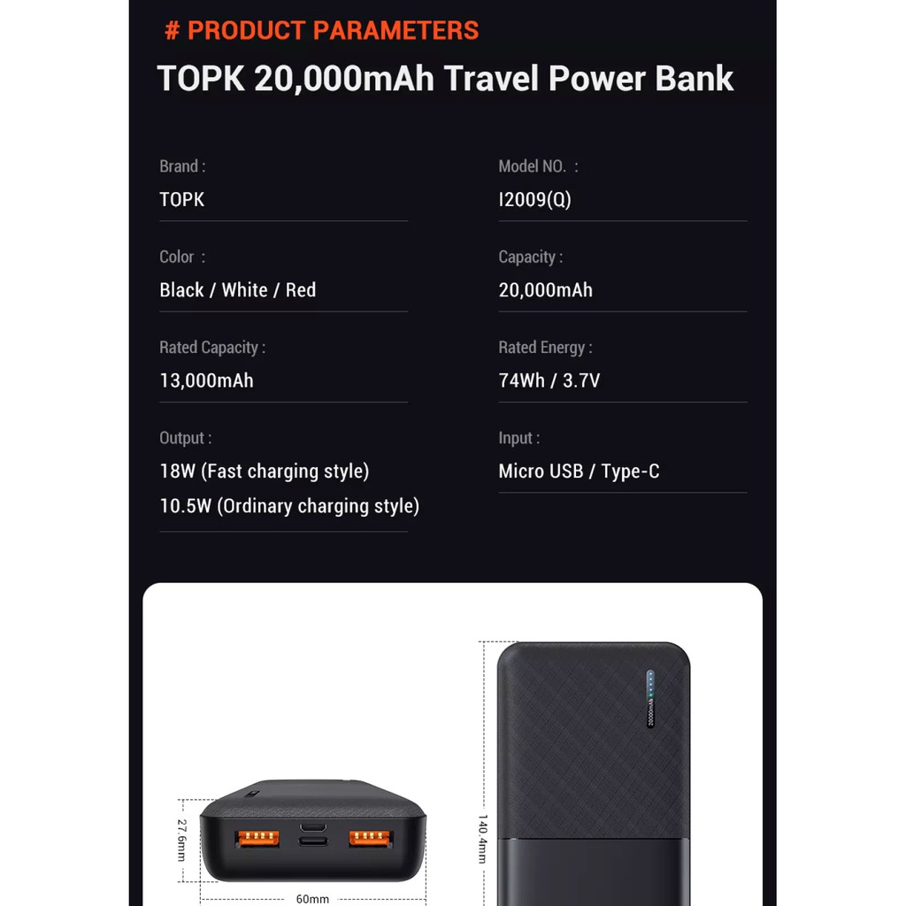 [Mã 154ELSALE2 giảm 7% đơn 300K] Pin Dự Phòng 20.000 mAh TOPK Sạc Nhanh QC 3.0