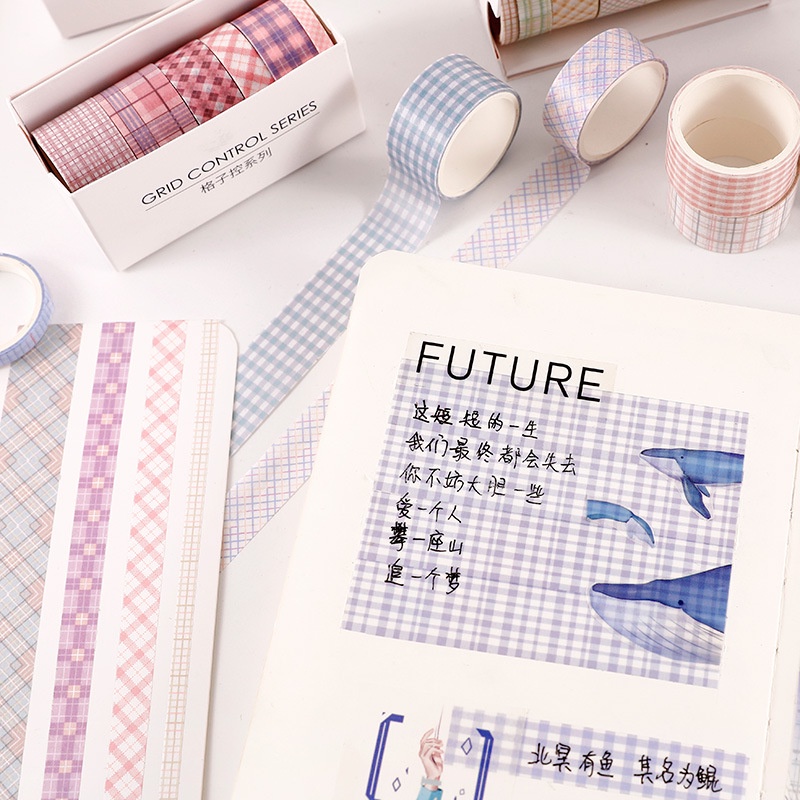 Set 5 Cuộn Băng Dính Washi Họa Tiết Kẻ Sọc Phong Cách Vintage Dùng Trang Trí Sổ Tay/ Đồ Thủ Công DIY