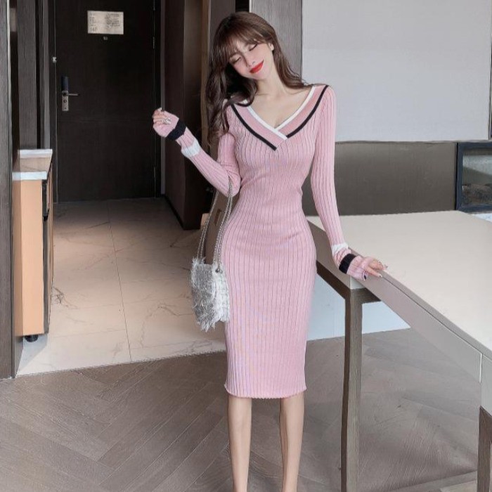 Đầm Len Tay Dài Cổ V Thời Trang Dành Cho Nữ