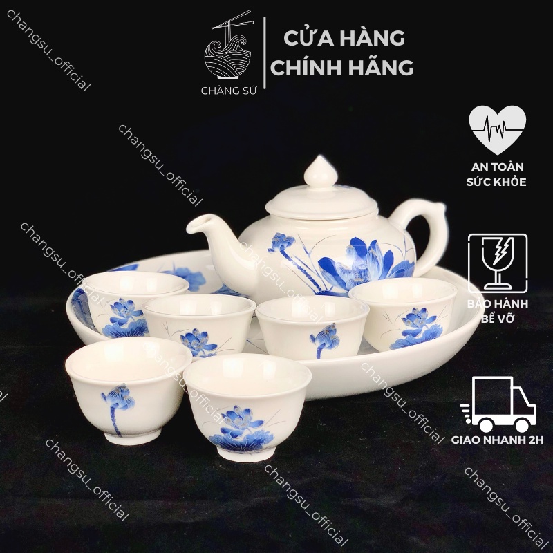 Bộ ấm chén uống trà cao cấp kèm khay sâu lòng - Set ấm trà sứ Minh Châu hoa sen sang trọng - Vỡ 1 đổi 1