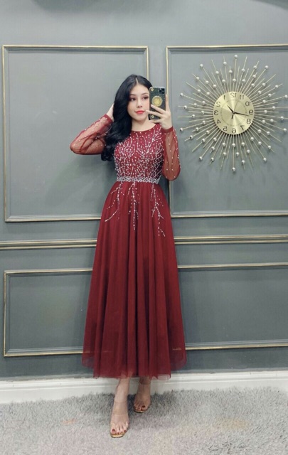 Đầm xoè tay dài công chúa kết chuỗi cườm bằng tay sang trọng TRIPBLE T DRESS - size S/M/L/XL - MS14V