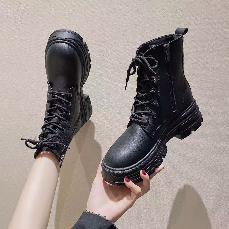 Giày bốt Martin nữ cổ ngắn đan dây đế cao 5cm có khoá sườn