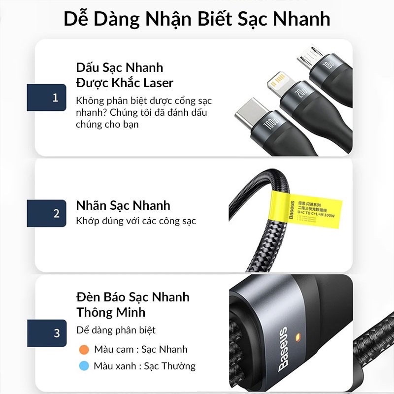 Cáp sạc nhanh 3 đầu Baseus Flash Series 3in1 Plus (USB+ Type C to Micro+Lightning + Type C, 100W Quick Charge and Data)