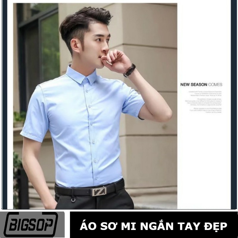 Áo sơ mi Nam BIGSOP ngắn trơn xanh lam | BigBuy360 - bigbuy360.vn