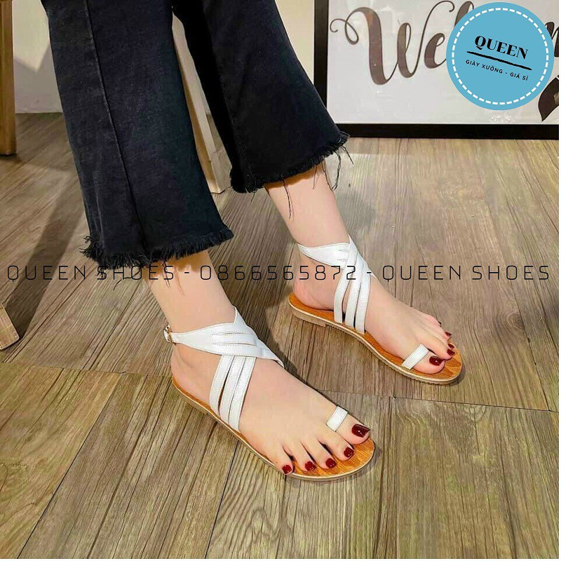 Giày sandal nữ dây mảnh đế bệt xỏ ngón quai chéo đế vân gỗ sang chảnh - D04.1