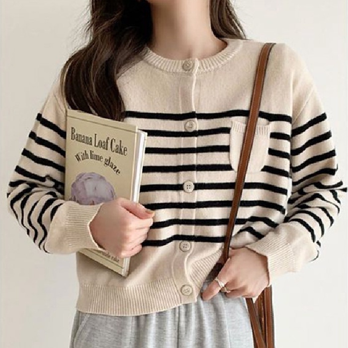 Áo kiểu ZHELIHANGFEI dệt kim tay dài dáng rộng họa tiết kẻ sọc phong cách Pháp dễ thương thời trang dành cho nữ