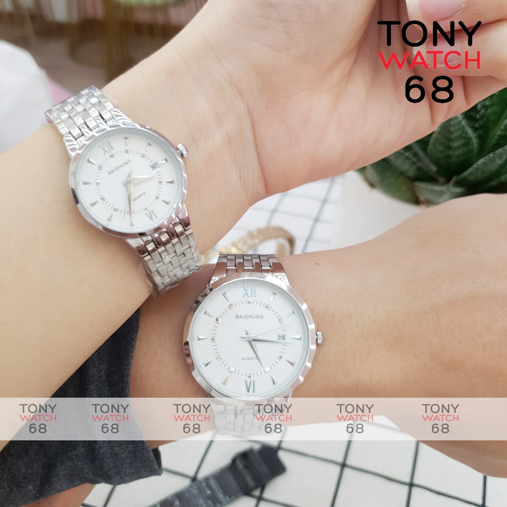 Đồng hồ cặp đôi nam nữ Baishuns mặt tròn trắng dây kim loại bạch kim chính hãng Tony Watch 68 | BigBuy360 - bigbuy360.vn