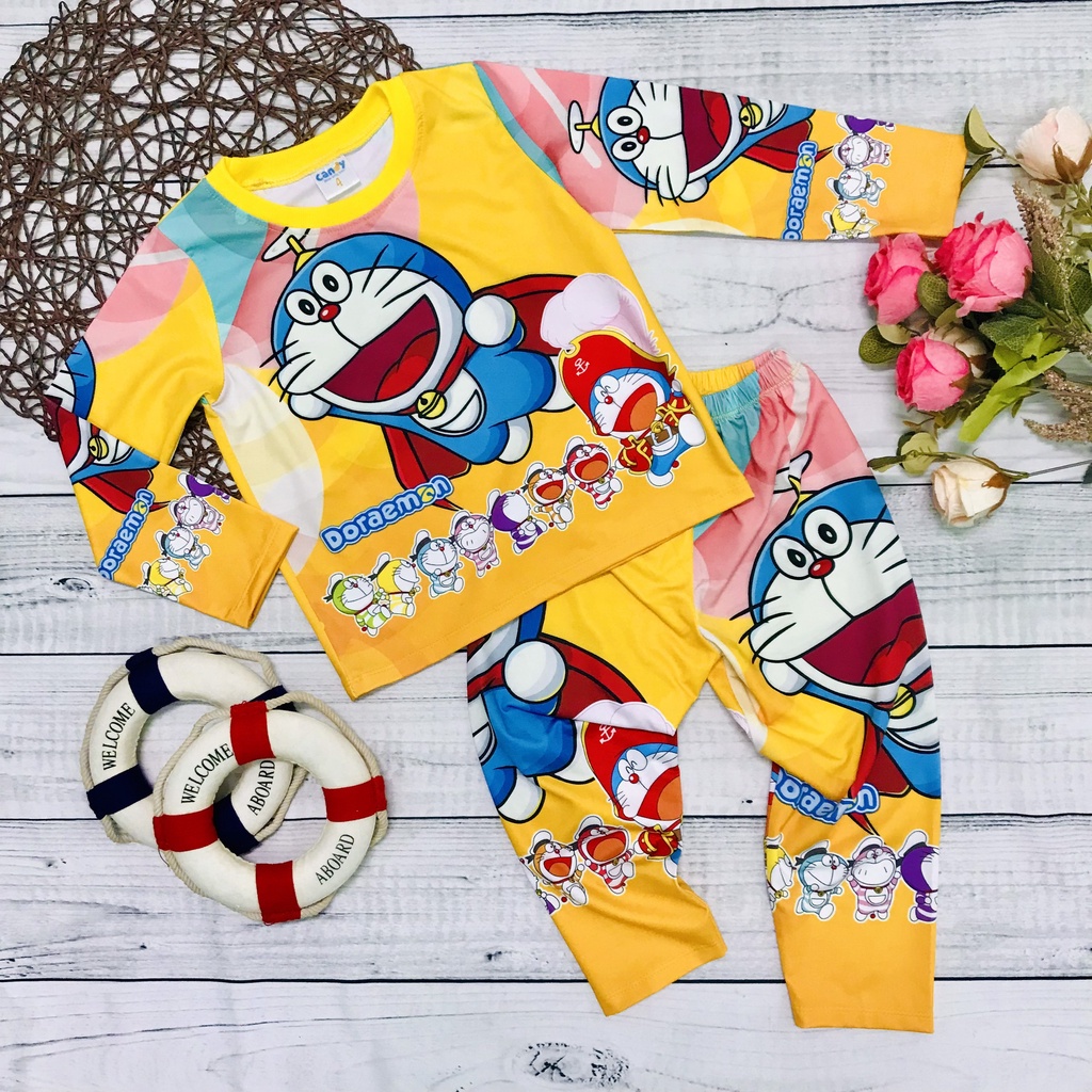 Bộ thu đông bé trai và bé gái, quần áo dài tay thun lạnh hình Doremon mềm mịn, co giãn tốt cho bé từ 10 - 40kg