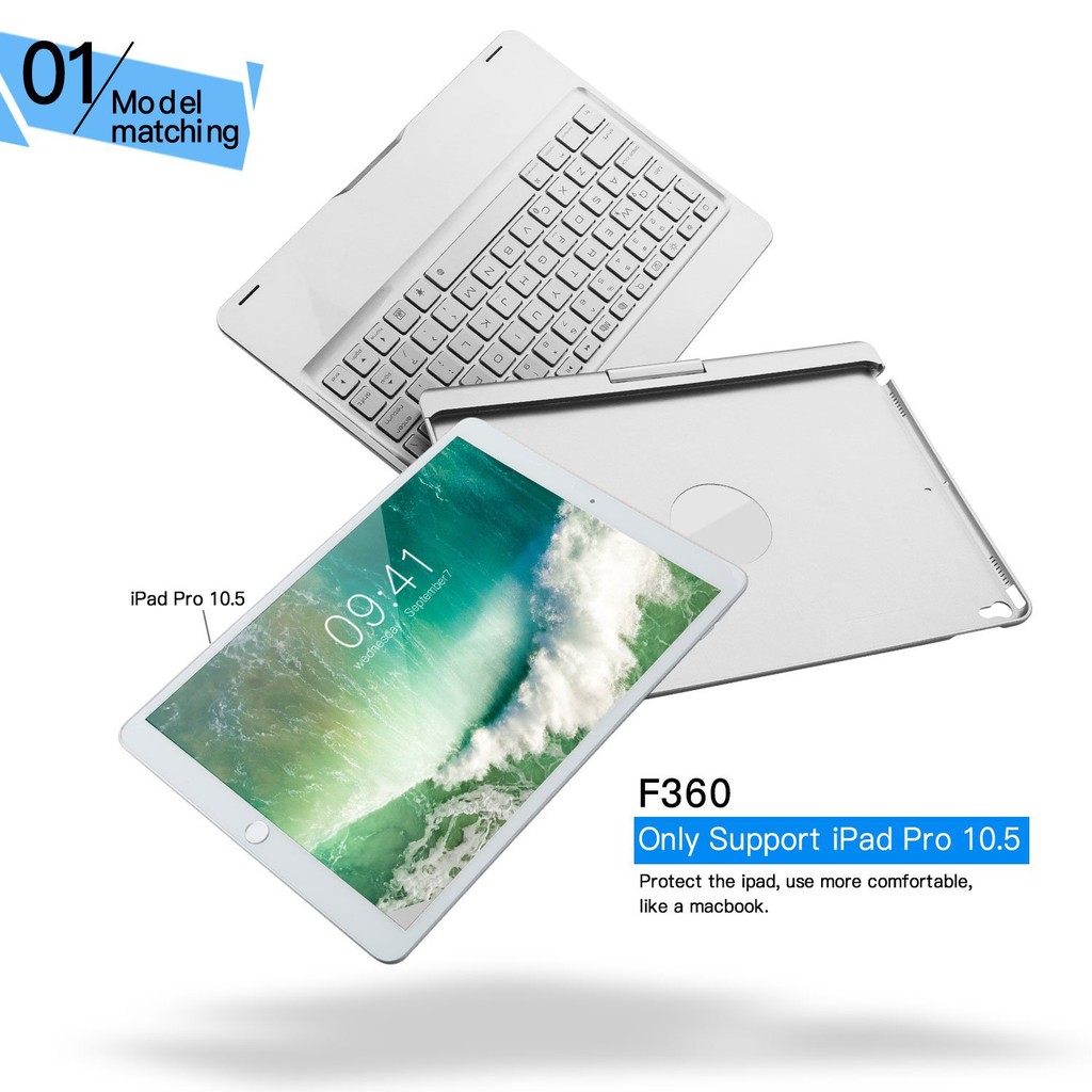 Bàn phím Bluetooth kiêm ốp lưng F360 cho iPad Pro 10.5'' xoay 360 độ (bạc)