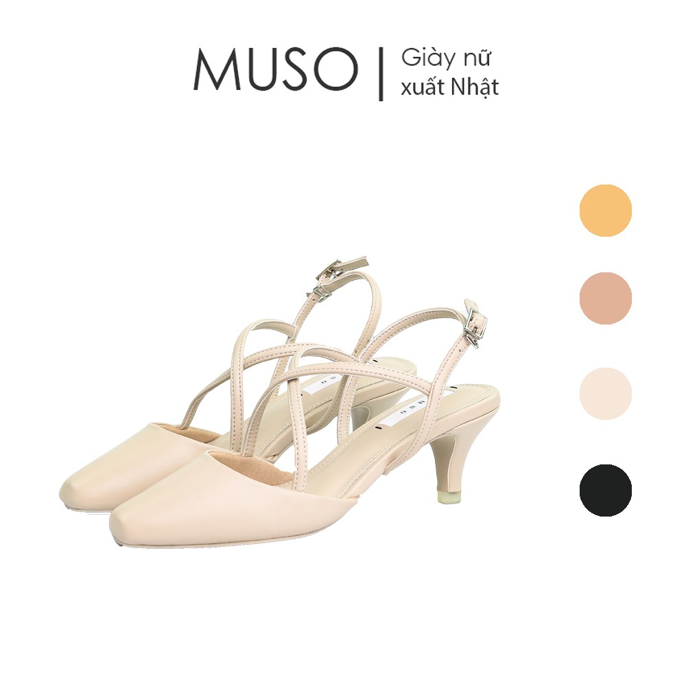 Giày Cao Gót Slingback Quai Chéo 3cm MUSO Mũi Vuông Da Trơn Dễ Thương Xuất Nhật