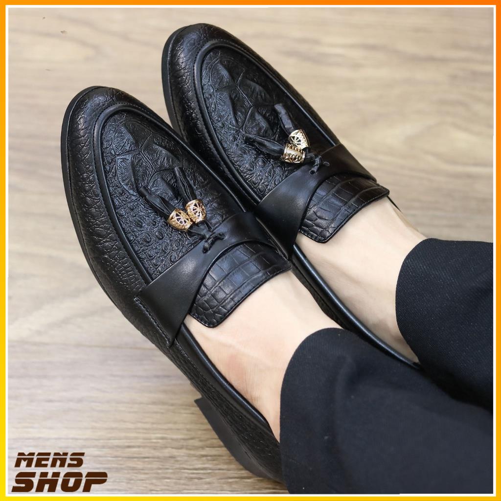 Giày Lười Nam Da Lì Dập Vân Cá Sấu Chuông Vàng