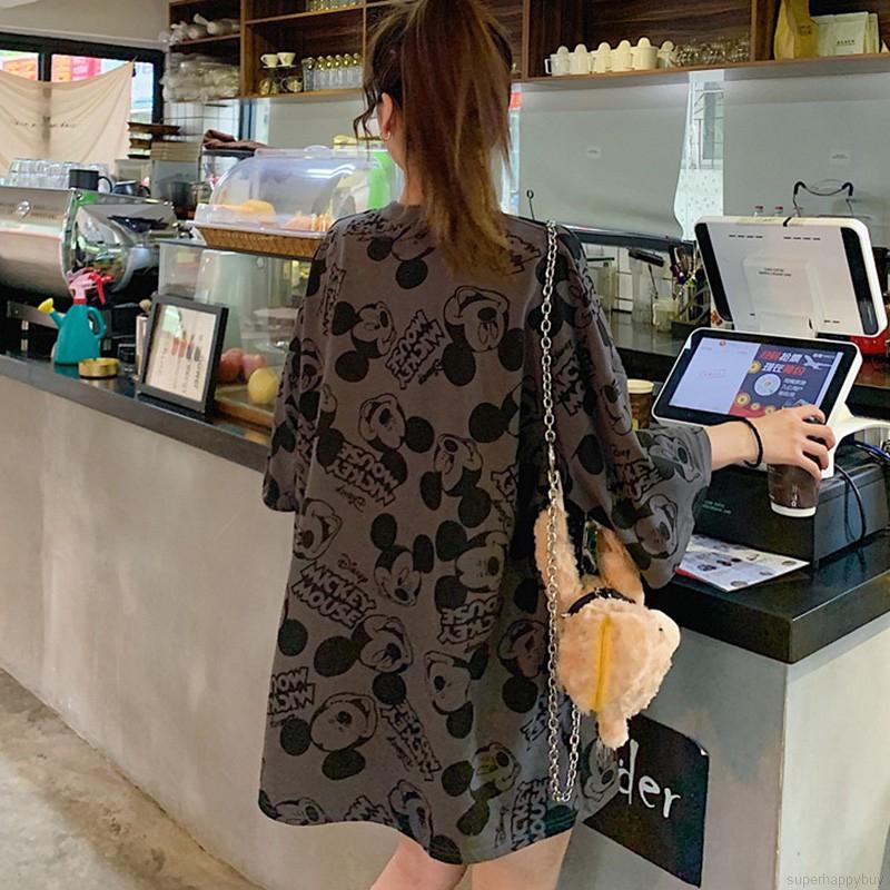 Áo thun dáng dài rộng tay ngắn in họa tiết hoạt hình phong cách Hàn Quốc cho nữ