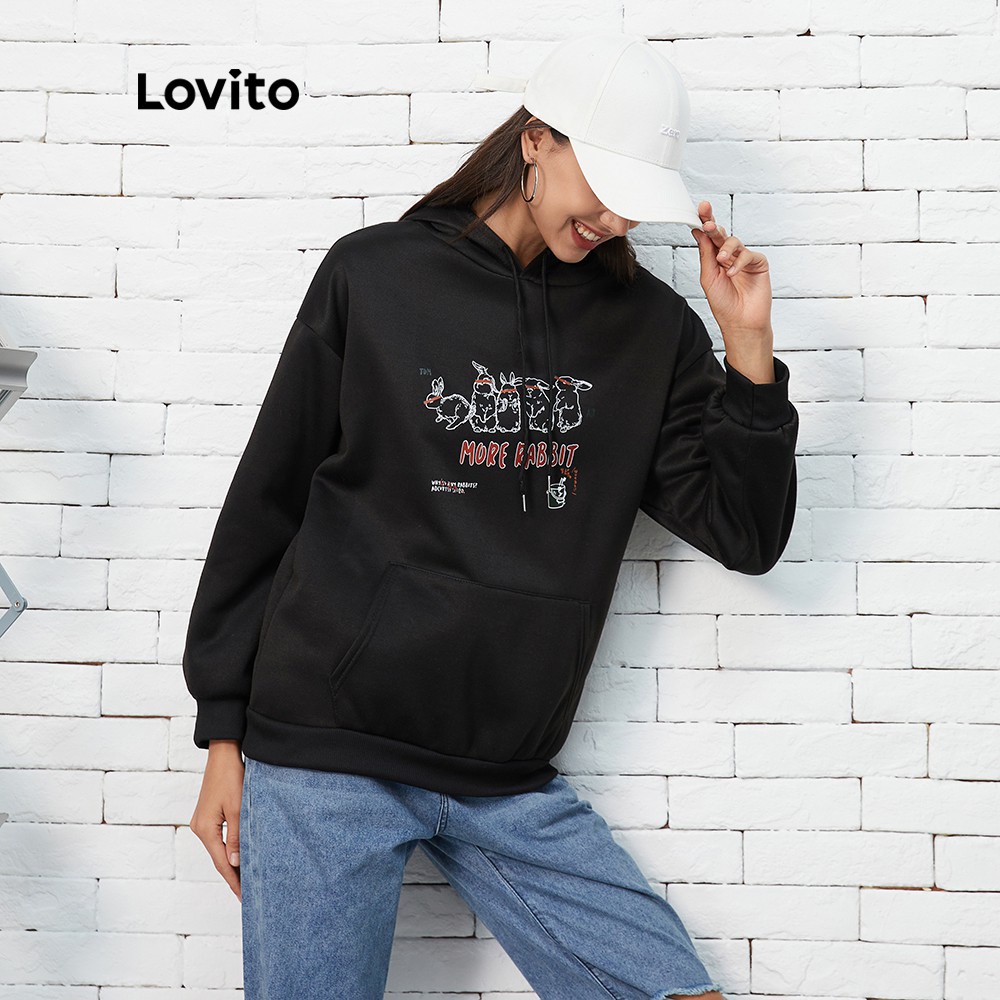 Áo sweatshirt Lovito phối dây rút in chữ đơn giản L07185 (màu đen) | BigBuy360 - bigbuy360.vn