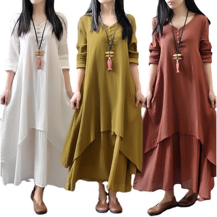 Plus size phụ nữ dài tay áo vải lanh trắng đi biển váy maxi dài phụ nữ