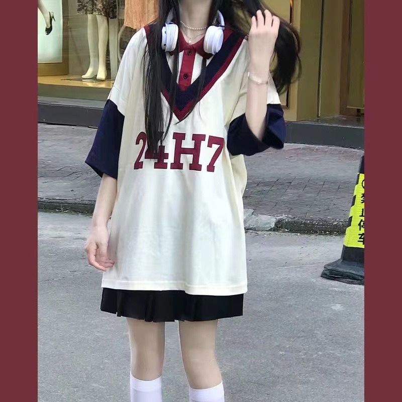 Set Áo Thun POLO Ngắn Tay + Chân Váy Xếp Ly Màu Đen Phong Cách Nhật Bản Thời Trang Mùa Hè Cho Nữ