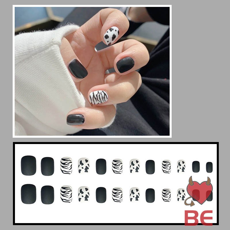 Bộ 24 móng tay giả phủ lì họa tiết da báo trắng đen thời trang | BigBuy360 - bigbuy360.vn