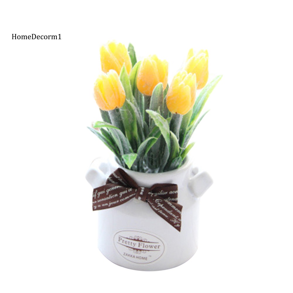 Bộ Chậu Hoa Tulip Nhân Tạo Kèm Nơ Trang Trí Độc Đáo